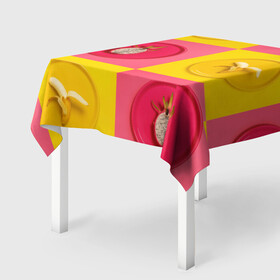 Скатерть 3D с принтом фрукты шахматы в Петрозаводске, 100% полиэстер (ткань не мнется и не растягивается) | Размер: 150*150 см | 3d | банан | вкусняшки | еда | желтый | клетка | розовый | фрукты