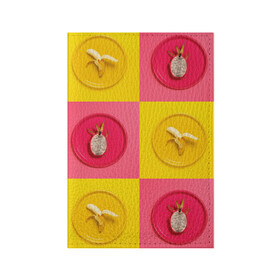 Обложка для паспорта матовая кожа с принтом фрукты шахматы в Петрозаводске, натуральная матовая кожа | размер 19,3 х 13,7 см; прозрачные пластиковые крепления | 3d | банан | вкусняшки | еда | желтый | клетка | розовый | фрукты