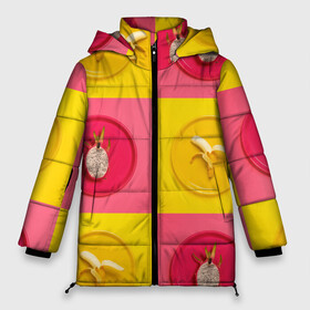 Женская зимняя куртка Oversize с принтом фрукты шахматы в Петрозаводске, верх — 100% полиэстер; подкладка — 100% полиэстер; утеплитель — 100% полиэстер | длина ниже бедра, силуэт Оверсайз. Есть воротник-стойка, отстегивающийся капюшон и ветрозащитная планка. 

Боковые карманы с листочкой на кнопках и внутренний карман на молнии | 3d | банан | вкусняшки | еда | желтый | клетка | розовый | фрукты