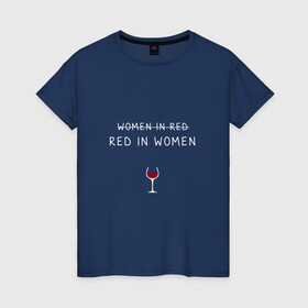 Женская футболка хлопок с принтом RED IN WOOMEN в Петрозаводске, 100% хлопок | прямой крой, круглый вырез горловины, длина до линии бедер, слегка спущенное плечо | in woomen | red | бокал | в девушке | в женщине | в красном | вино | женщина | красное | полусладкое | сладкое | сухое