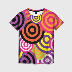 Женская футболка 3D с принтом Аннотация разноцветных кругов в Петрозаводске, 100% полиэфир ( синтетическое хлопкоподобное полотно) | прямой крой, круглый вырез горловины, длина до линии бедер | абстрация | аннотация | иллюзии | круги | мишени | мишень | разноцветный