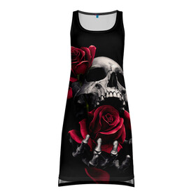 Платье-майка 3D с принтом ЧЕРЕП И РОЗЫ в Петрозаводске, 100% полиэстер | полуприлегающий силуэт, широкие бретели, круглый вырез горловины, удлиненный подол сзади. | death | flowers | horror | metal | rose | roses | skull | арт | зомби | кости | розы | скелет | цветы | череп | черный