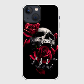 Чехол для iPhone 13 mini с принтом ЧЕРЕП И РОЗЫ в Петрозаводске,  |  | death | flowers | horror | metal | rose | roses | skull | арт | зомби | кости | розы | скелет | цветы | череп | черный