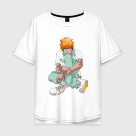 Мужская футболка хлопок Oversize с принтом Ичиго в Петрозаводске, 100% хлопок | свободный крой, круглый ворот, “спинка” длиннее передней части | anime | bleach | hero | ichigo kurosaki | manga | блич | герой | ичиго куросаки