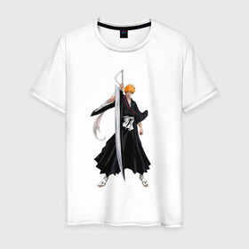 Мужская футболка хлопок с принтом Блич - Ичиго в Петрозаводске, 100% хлопок | прямой крой, круглый вырез горловины, длина до линии бедер, слегка спущенное плечо. | Тематика изображения на принте: anime | bleach | hero | ichigo kurosaki | manga | блич | герой | ичиго куросаки