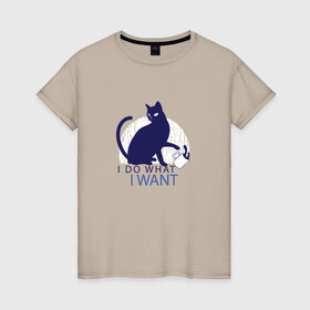 Женская футболка хлопок с принтом Бунтующий котик в Петрозаводске, 100% хлопок | прямой крой, круглый вырез горловины, длина до линии бедер, слегка спущенное плечо | black cat | cat | cats | cute | i do what i want | kawaii | kitten | kitty | pussycat | rebel | бунтарь | возмущение | делаю что хочу | злой кот | кавайи | котенок | коты | котята | люблю котов | протест | роняет | роняют | сбрасывает кружку 