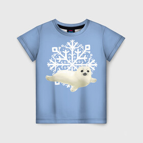 Детская футболка 3D с принтом Беляк в Петрозаводске, 100% гипоаллергенный полиэфир | прямой крой, круглый вырез горловины, длина до линии бедер, чуть спущенное плечо, ткань немного тянется | белый | беляк | детёныш | зима | лазурно серый | милота | милый | синий | снег | снежинка | тюлень