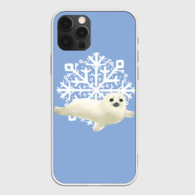 Чехол для iPhone 12 Pro с принтом Беляк в Петрозаводске, силикон | область печати: задняя сторона чехла, без боковых панелей | белый | беляк | детёныш | зима | лазурно серый | милота | милый | синий | снег | снежинка | тюлень