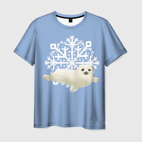 Мужская футболка 3D с принтом Беляк в Петрозаводске, 100% полиэфир | прямой крой, круглый вырез горловины, длина до линии бедер | белый | беляк | детёныш | зима | лазурно серый | милота | милый | синий | снег | снежинка | тюлень