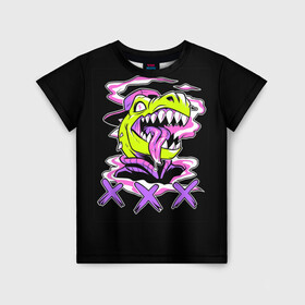 Детская футболка 3D с принтом Кислотный динозавр в Петрозаводске, 100% гипоаллергенный полиэфир | прямой крой, круглый вырез горловины, длина до линии бедер, чуть спущенное плечо, ткань немного тянется | безумие | динозавр | животные | килоста | кислотный | рекс | тиранозавр | эйфория