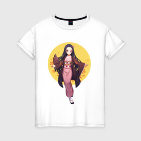 Женская футболка хлопок с принтом Kamado Nezuko в Петрозаводске, 100% хлопок | прямой крой, круглый вырез горловины, длина до линии бедер, слегка спущенное плечо | demon slayer | iguro obanai | клинок рассекающий демонов | обанай игуро