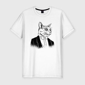 Мужская футболка хлопок Slim с принтом Сэр Кот Джентльмен в Петрозаводске, 92% хлопок, 8% лайкра | приталенный силуэт, круглый вырез ворота, длина до линии бедра, короткий рукав | black cat | cat | cats | cute | gentleman | kawaii | kitten | kitty | pussycat | sir cat | в костюме | кавайи | котенок | коты | котята | кошка | люблю котов | пиджак | прикол | рисунок кота | черный кот | юмор