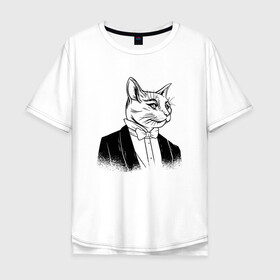Мужская футболка хлопок Oversize с принтом Сэр Кот Джентльмен в Петрозаводске, 100% хлопок | свободный крой, круглый ворот, “спинка” длиннее передней части | black cat | cat | cats | cute | gentleman | kawaii | kitten | kitty | pussycat | sir cat | в костюме | кавайи | котенок | коты | котята | кошка | люблю котов | пиджак | прикол | рисунок кота | черный кот | юмор