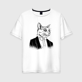 Женская футболка хлопок Oversize с принтом Сэр Кот Джентльмен в Петрозаводске, 100% хлопок | свободный крой, круглый ворот, спущенный рукав, длина до линии бедер
 | black cat | cat | cats | cute | gentleman | kawaii | kitten | kitty | pussycat | sir cat | в костюме | кавайи | котенок | коты | котята | кошка | люблю котов | пиджак | прикол | рисунок кота | черный кот | юмор