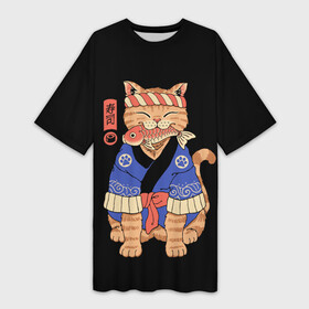 Платье-футболка 3D с принтом Суши Мастер в Петрозаводске,  |  | cat | cats | japan | master | ninja | samurai | sushi | yakuza | катана | кот | котенок | коты | котэ | котята | кошка | мастер | ниндзя | самурай | суши | якудза | япония