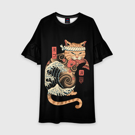 Детское платье 3D с принтом Cat Wave в Петрозаводске, 100% полиэстер | прямой силуэт, чуть расширенный к низу. Круглая горловина, на рукавах — воланы | Тематика изображения на принте: cat | cats | japan | ninja | samurai | shogun | wave | yakuza | волна | катана | кот | котенок | коты | котэ | котята | кошка | ниндзя | самурай | сёгун | якудза | япония