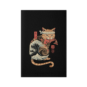 Обложка для паспорта матовая кожа с принтом Cat Wave в Петрозаводске, натуральная матовая кожа | размер 19,3 х 13,7 см; прозрачные пластиковые крепления | cat | cats | japan | ninja | samurai | shogun | wave | yakuza | волна | катана | кот | котенок | коты | котэ | котята | кошка | ниндзя | самурай | сёгун | якудза | япония