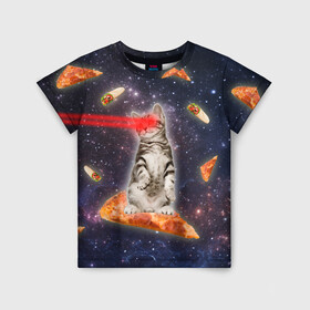 Детская футболка 3D с принтом Котик в космосе в Петрозаводске, 100% гипоаллергенный полиэфир | прямой крой, круглый вырез горловины, длина до линии бедер, чуть спущенное плечо, ткань немного тянется | nyan cat | youtube | еда | космос | котик | мемы | пицца | психоделика | ютуб