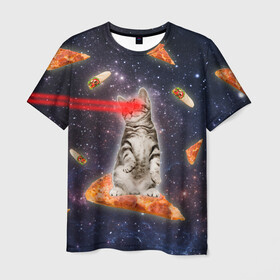 Мужская футболка 3D с принтом Котик в космосе в Петрозаводске, 100% полиэфир | прямой крой, круглый вырез горловины, длина до линии бедер | nyan cat | youtube | еда | космос | котик | мемы | пицца | психоделика | ютуб
