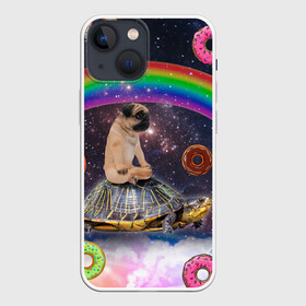 Чехол для iPhone 13 mini с принтом Мопс на черепахе в космосе в Петрозаводске,  |  | космос | мемы | мопс | психоделика | собака | черепаха