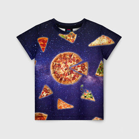 Детская футболка 3D с принтом Пицца в космосе в Петрозаводске, 100% гипоаллергенный полиэфир | прямой крой, круглый вырез горловины, длина до линии бедер, чуть спущенное плечо, ткань немного тянется | meat | pizza | space | youtube | еда | космос | мемы | пицца | психоделика | ютуб