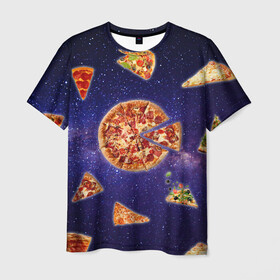 Мужская футболка 3D с принтом Пицца в космосе в Петрозаводске, 100% полиэфир | прямой крой, круглый вырез горловины, длина до линии бедер | meat | pizza | space | youtube | еда | космос | мемы | пицца | психоделика | ютуб