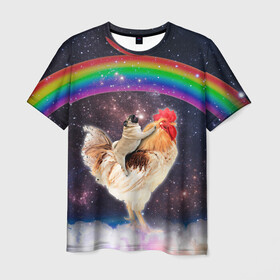 Мужская футболка 3D с принтом Мопс на курице в космосе в Петрозаводске, 100% полиэфир | прямой крой, круглый вырез горловины, длина до линии бедер | Тематика изображения на принте: mene | space | youtube | космос | курица | мемы | мопс | петух | психоделика | собака | ютуб
