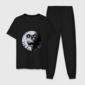 Мужская пижама хлопок с принтом Луна Череп в Петрозаводске, 100% хлопок | брюки и футболка прямого кроя, без карманов, на брюках мягкая резинка на поясе и по низу штанин
 | Тематика изображения на принте: creepy | devil | halloween | hand | hands | horror | moon | satan | scream | skull | spooky | zombie | зомби | кратер | крик | крипота | лунный череп | мистика | мистицизм | руки | сатанизм | ужасы | хеллоуин | хоррор | хоррор мерч | хэллоуин |
