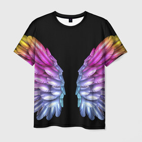 Мужская футболка 3D с принтом РАЗНОЦВЕТНЫЕ ПЕРЬЯ в Петрозаводске, 100% полиэфир | прямой крой, круглый вырез горловины, длина до линии бедер | взмах | крылья | перья | попугай | радуга | цвета
