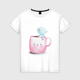 Женская футболка хлопок с принтом Котик в чашке в Петрозаводске, 100% хлопок | прямой крой, круглый вырез горловины, длина до линии бедер, слегка спущенное плечо | cat | акварельный котэ | кот в чашке | котенок