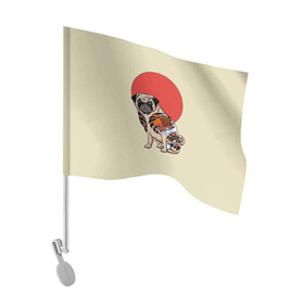 Флаг для автомобиля с принтом Мопс в Петрозаводске, 100% полиэстер | Размер: 30*21 см | мопс | мопсик | мопсики | самурай | собака | солнце | тату | япония | японское