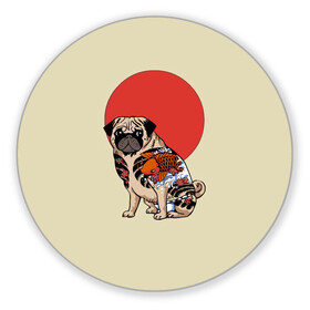 Коврик для мышки круглый с принтом Мопс в Петрозаводске, резина и полиэстер | круглая форма, изображение наносится на всю лицевую часть | мопс | мопсик | мопсики | самурай | собака | солнце | тату | япония | японское