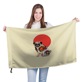 Флаг 3D с принтом Мопс в Петрозаводске, 100% полиэстер | плотность ткани — 95 г/м2, размер — 67 х 109 см. Принт наносится с одной стороны | мопс | мопсик | мопсики | самурай | собака | солнце | тату | япония | японское