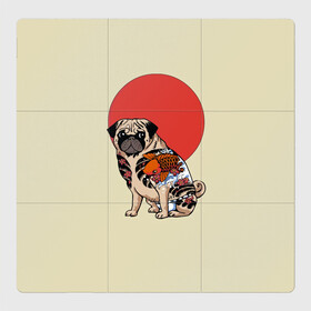 Магнитный плакат 3Х3 с принтом Мопс в Петрозаводске, Полимерный материал с магнитным слоем | 9 деталей размером 9*9 см | мопс | мопсик | мопсики | самурай | собака | солнце | тату | япония | японское