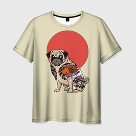 Мужская футболка 3D с принтом Мопс в Петрозаводске, 100% полиэфир | прямой крой, круглый вырез горловины, длина до линии бедер | мопс | мопсик | мопсики | самурай | собака | солнце | тату | япония | японское