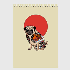 Скетчбук с принтом Мопс в Петрозаводске, 100% бумага
 | 48 листов, плотность листов — 100 г/м2, плотность картонной обложки — 250 г/м2. Листы скреплены сверху удобной пружинной спиралью | мопс | мопсик | мопсики | самурай | собака | солнце | тату | япония | японское