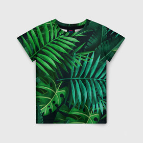 Детская футболка 3D с принтом Сочные тропики в Петрозаводске, 100% гипоаллергенный полиэфир | прямой крой, круглый вырез горловины, длина до линии бедер, чуть спущенное плечо, ткань немного тянется | заросли | кусты | лето | листья | пальма | тропики. зелень