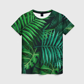 Женская футболка 3D с принтом Сочные тропики в Петрозаводске, 100% полиэфир ( синтетическое хлопкоподобное полотно) | прямой крой, круглый вырез горловины, длина до линии бедер | заросли | кусты | лето | листья | пальма | тропики. зелень