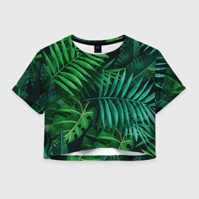 Женская футболка Crop-top 3D с принтом Сочные тропики в Петрозаводске, 100% полиэстер | круглая горловина, длина футболки до линии талии, рукава с отворотами | заросли | кусты | лето | листья | пальма | тропики. зелень