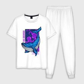 Мужская пижама хлопок с принтом Кит The dreamer в Петрозаводске, 100% хлопок | брюки и футболка прямого кроя, без карманов, на брюках мягкая резинка на поясе и по низу штанин
 | кит | кит the dreamer | мечтатель | море | океан | синий кит