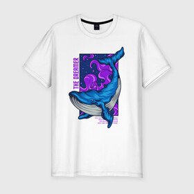 Мужская футболка хлопок Slim с принтом Кит The dreamer в Петрозаводске, 92% хлопок, 8% лайкра | приталенный силуэт, круглый вырез ворота, длина до линии бедра, короткий рукав | кит | кит the dreamer | мечтатель | море | океан | синий кит