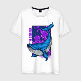 Мужская футболка хлопок с принтом Кит The dreamer в Петрозаводске, 100% хлопок | прямой крой, круглый вырез горловины, длина до линии бедер, слегка спущенное плечо. | кит | кит the dreamer | мечтатель | море | океан | синий кит