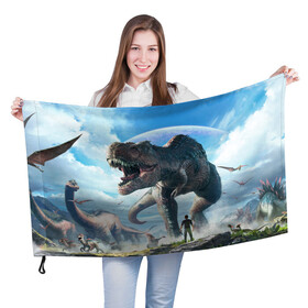Флаг 3D с принтом Ark Survival Evolved в Петрозаводске, 100% полиэстер | плотность ткани — 95 г/м2, размер — 67 х 109 см. Принт наносится с одной стороны | ark | ark survival | dino | t rex | арк | арк сурвайвал | дино | динозавр | динозавры | спинозавр | тираннозавр