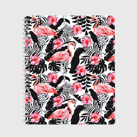 Тетрадь с принтом фламинго и попугаи в Петрозаводске, 100% бумага | 48 листов, плотность листов — 60 г/м2, плотность картонной обложки — 250 г/м2. Листы скреплены сбоку удобной пружинной спиралью. Уголки страниц и обложки скругленные. Цвет линий — светло-серый
 | Тематика изображения на принте: птицы | тропики | фламинго