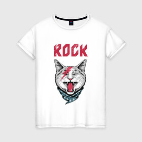 Женская футболка хлопок с принтом КОТ РОК в Петрозаводске, 100% хлопок | прямой крой, круглый вырез горловины, длина до линии бедер, слегка спущенное плечо | cat | rock | кот | кот рок | котик | кошак | кошка | рок | рок кот