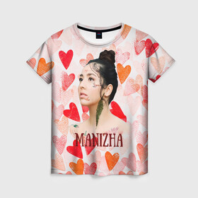 Женская футболка 3D с принтом Manizha на фоне сердечек в Петрозаводске, 100% полиэфир ( синтетическое хлопкоподобное полотно) | прямой крой, круглый вырез горловины, длина до линии бедер | manizha | далеровна | душанбе | евровидение | евровидение 2021 | манижа | певица | таджикистан | хамраева