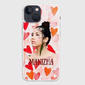 Чехол для iPhone 13 mini с принтом Manizha на фоне сердечек в Петрозаводске,  |  | manizha | далеровна | душанбе | евровидение | евровидение 2021 | манижа | певица | таджикистан | хамраева