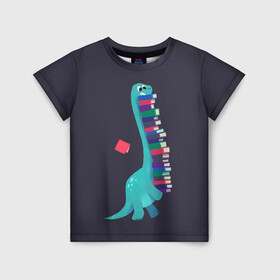 Детская футболка 3D с принтом Book Dinosaur в Петрозаводске, 100% гипоаллергенный полиэфир | прямой крой, круглый вырез горловины, длина до линии бедер, чуть спущенное плечо, ткань немного тянется | barosaurus | book | books | dino | dinosaur | knowledge | study | барозавр | знания | книга | книги | книжный