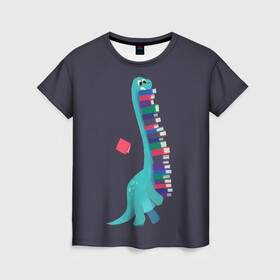 Женская футболка 3D с принтом Book Dinosaur в Петрозаводске, 100% полиэфир ( синтетическое хлопкоподобное полотно) | прямой крой, круглый вырез горловины, длина до линии бедер | barosaurus | book | books | dino | dinosaur | knowledge | study | барозавр | знания | книга | книги | книжный