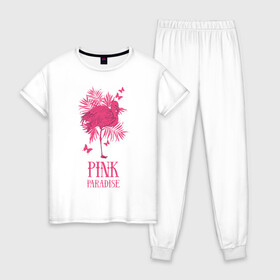Женская пижама хлопок с принтом pink paradise в Петрозаводске, 100% хлопок | брюки и футболка прямого кроя, без карманов, на брюках мягкая резинка на поясе и по низу штанин | flamingo | птицы | розовый | фламинго